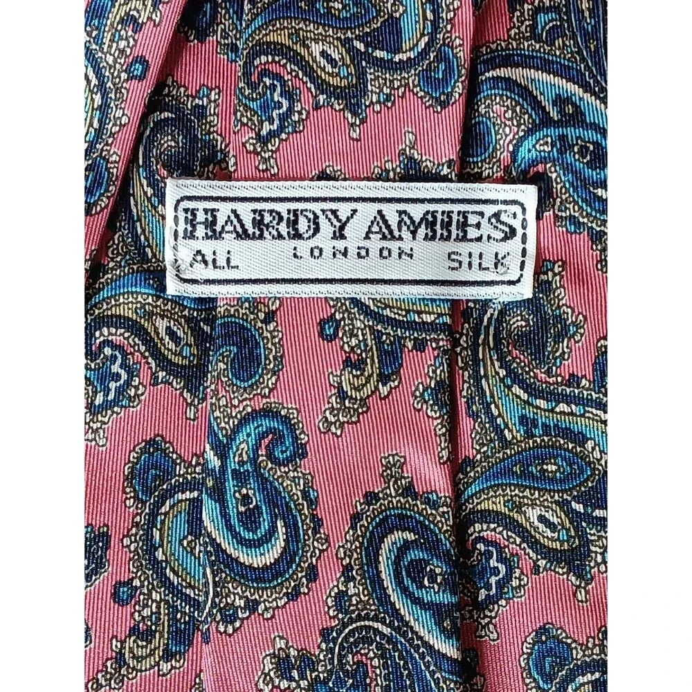 Tie 70s 80s 90s Y2K Mens Hardy Amies Silk Pink Blue Paisley 3.75 Wide 60 Long